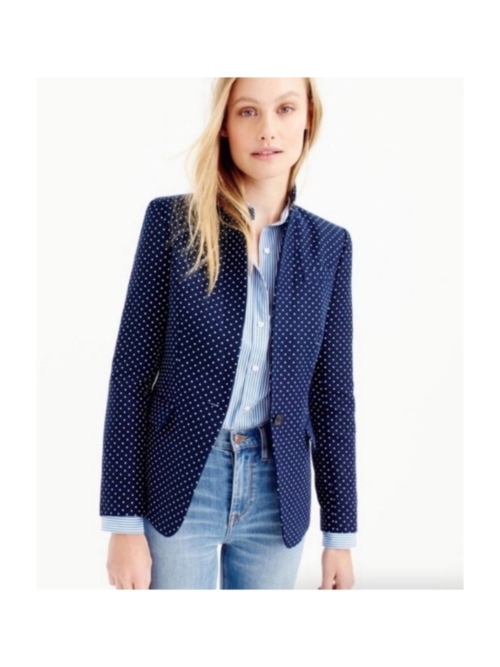 J. Crew Regent Blazer Linen Navy White Polka Dot Women’s Size 8